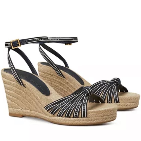 NEW Tory Burch Tory Ribbon Strappy 90mm Wedge Espadrille Sandal Navy & Tan Sz 6 - Picture 2 of 16